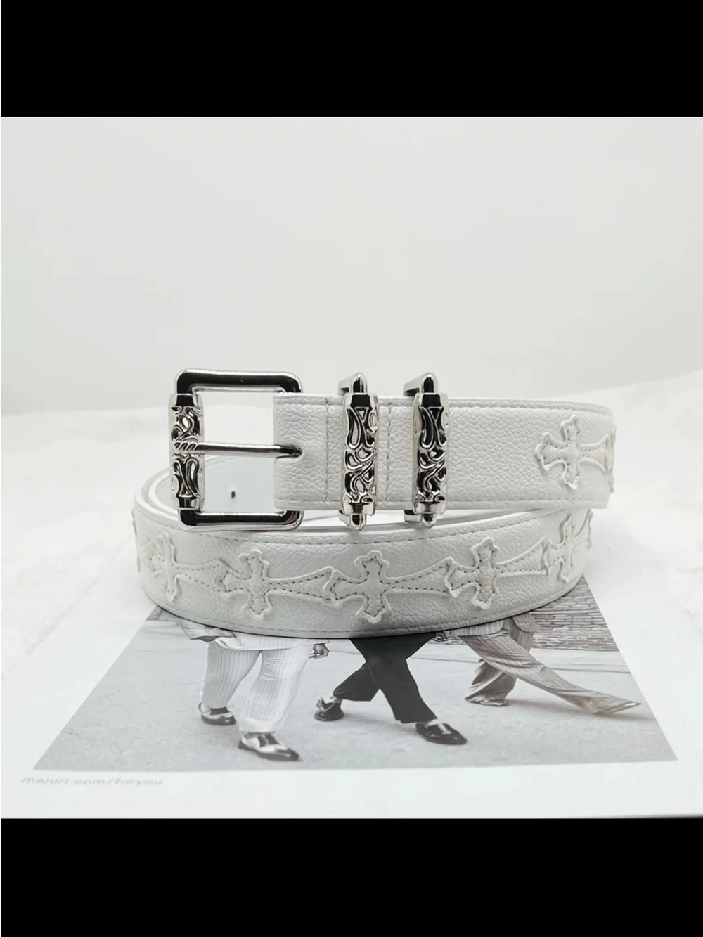 Chrome Hearts White Leather Cross Embroidered Belt with Silver Hardware